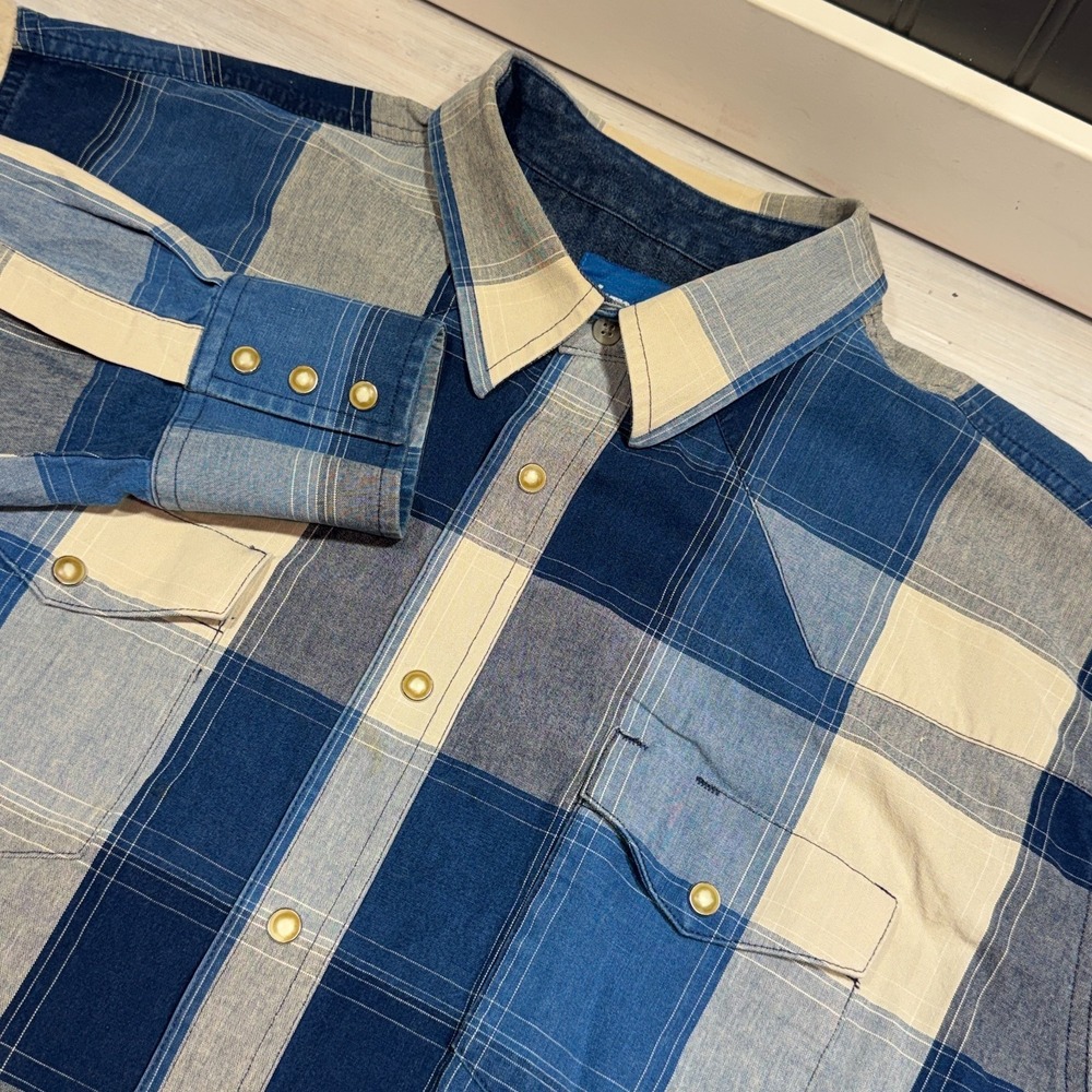 Wrangler Western Shirt Mens Sz XXL Blue White Plaid Flannel Pearl Snap Ranch